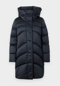 Abrigo tipo puffer en azul marino con capucha, con un diseño de acolchado en forma de chevron, mangas largas y cierre frontal. Fabricado en un material brillante e insulated.