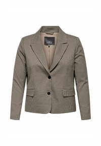 Hnědý a béžový kockovaný dámský blazer s klopami, dvěma černými knoflíky a předními klopovými kapsami.