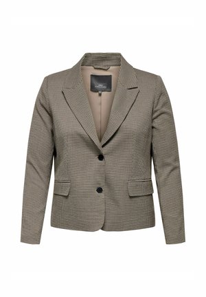 Überprüfte braune und beige Hahnentrittmuster Damenblazer mit Revers, zwei schwarzen Knöpfen und vorderen Klappentaschen.