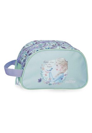 Bolsa de tonos azul claro y púrpura con temática de Frozen, con dos compartimentos con cremallera, patrón floral e ilustración de Elsa sosteniendo un pájaro con el texto "siempre cerca del corazón".