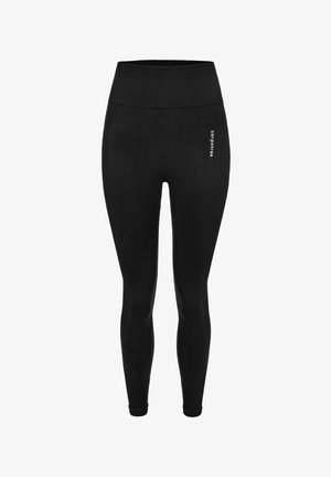 Svarte leggings lavet af strækbart stof med en høj talje, med en ribbet tekstur og et lille hvidt logo på siden.