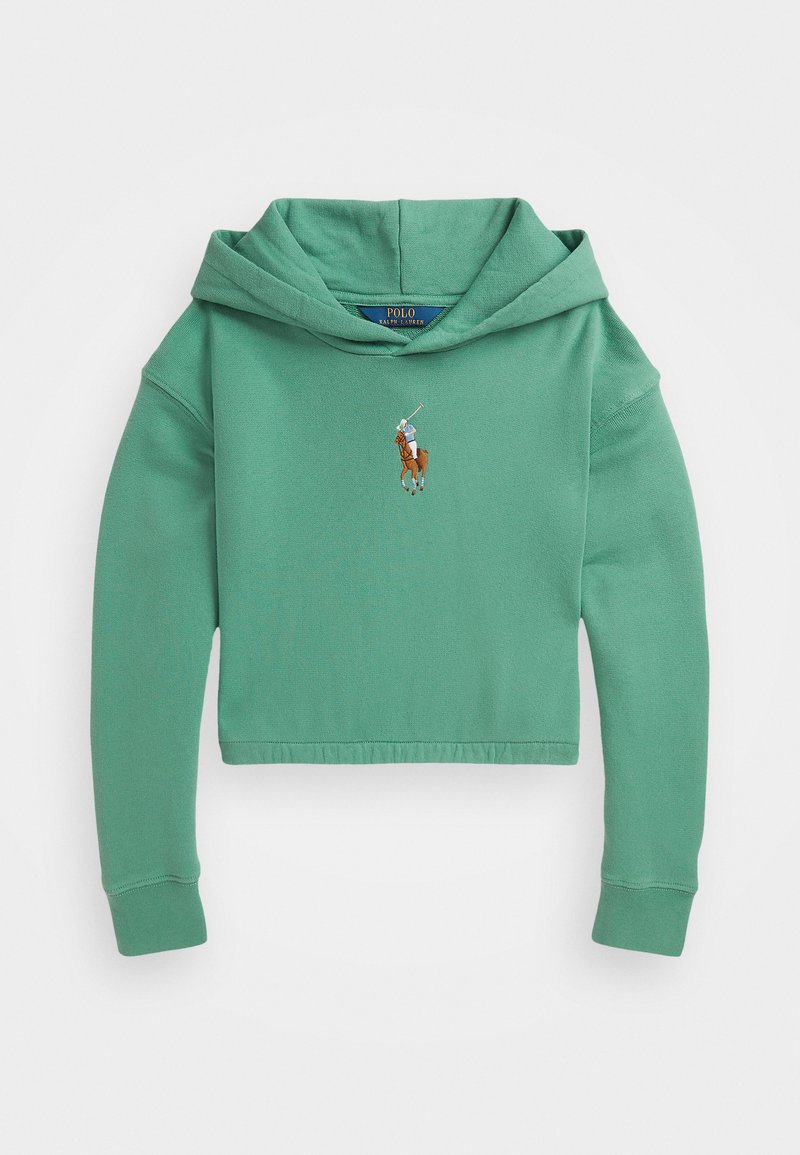Sudadera corta verde hecha de una tela suave, con un bolsillo tipo canguro en la parte delantera y un logo bordado de un jugador de polo en el pecho.