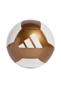 Adidaksen jalkapallo, jossa valkoinen ja metallinhohtoinen pronssikuvio, erottuvilla paneelimuodoilla ja brändin kolmella valkoisella raidalla varustettu logo.