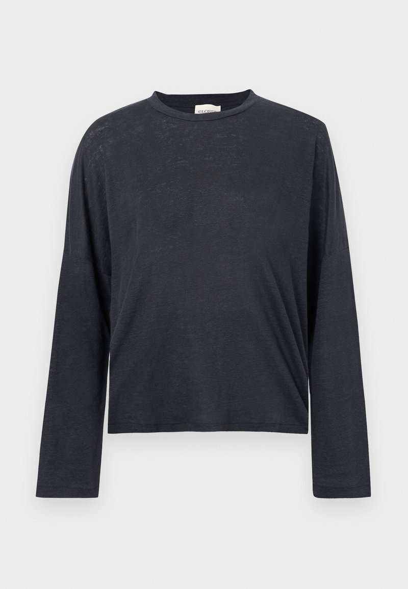 Dunkelgraues, langärmeliges, gekürztes T-Shirt aus einem leichten, leicht strukturierten Stoff. Hat einen runden Halsausschnitt und eine lockere Passform.