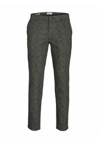 Pantaloni grigi a fantasia realizzati in tessuto morbido, con vestibilità dritta, chiusura a bottone e un design classico della vita.