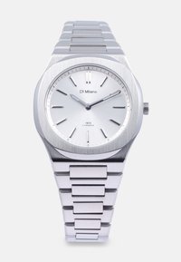 Reloj de acero inoxidable plateado con acabado cepillado, una esfera minimalista, marcadores de hora finos y un diseño de pulsera unida.