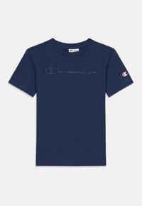 Μπλε βαμβακερό t-shirt με κοντά μανίκια και κεντητό λογότυπο "Champion" στο στήθος, με λεπτομέρεια λογότυπου στο μανίκι.