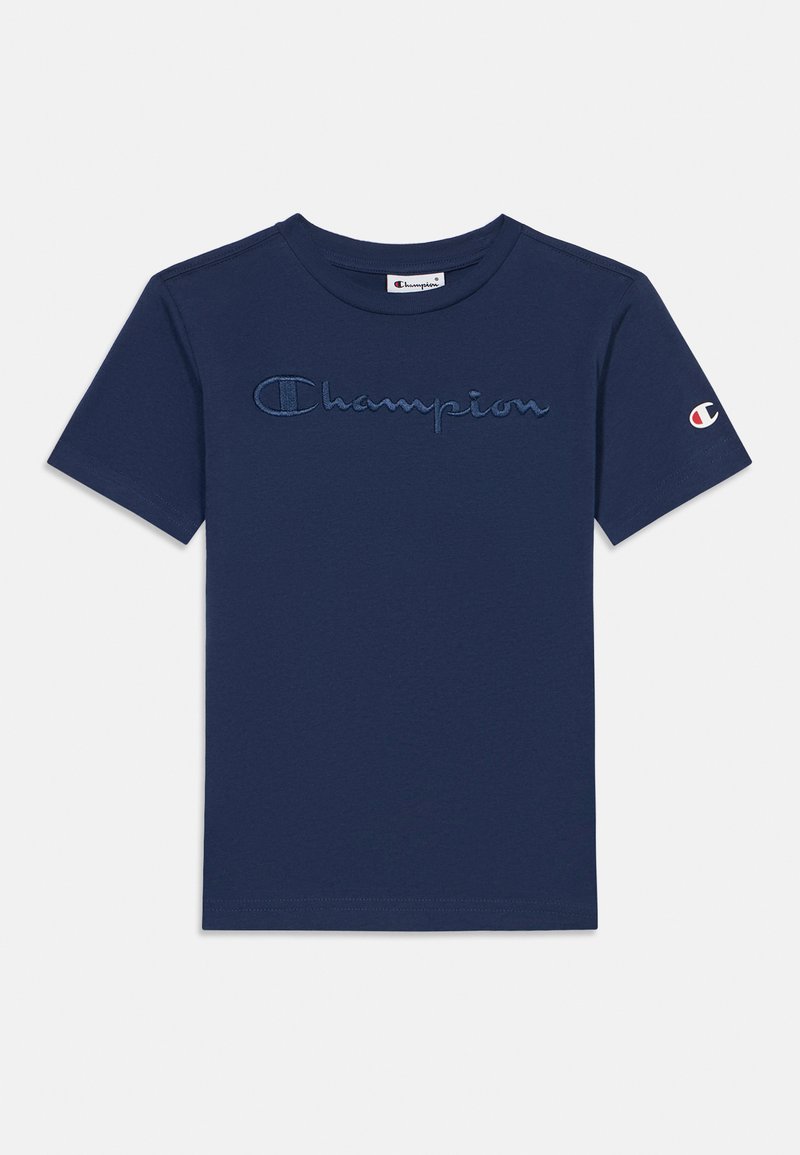 T-shirt en coton bleu marine avec manches courtes et logo "Champion" brodé sur la poitrine, avec un détail de logo sur la manche.