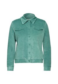 Teal manchesterjacka med krage, framknäppning, två bröstfickor och ribbade ärmmuddar. Slät textur.