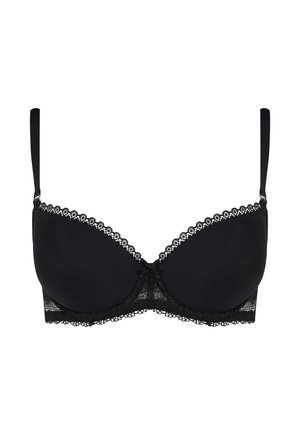 Black padded bra featuring lace trim along the top edge, decorative bow at the center, and adjustable straps. Smooth fabric and structured cups.