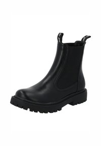 Stivale Chelsea in pelle nera con linguette per facilitare la calzata, pannelli laterali elasticizzati e suola carrarmato spessa per uno stile robusto e una calzata comoda.