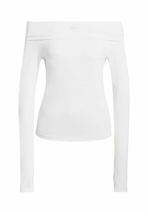 Bílý top s odkrytými rameny a dlouhými rukávy, přiléhavý střih, hladká textura a jemná logo akcentace na hrudi.