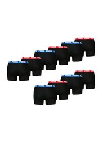 Schwarze Boxershorts mit elastischem Bund, abwechselnd in Rot und Blau mit dem "PUMA"-Logo. Das Set enthält mehrere Paare.