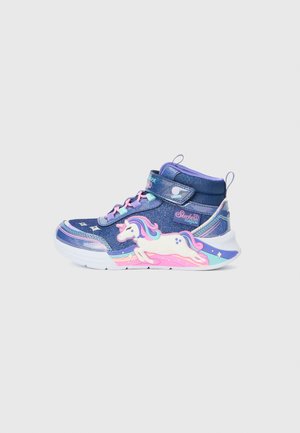 High-top sneakers in blue with sparkly texture. Features a unicorn graphic in pink and white on the side, adjustable strap, and laces.