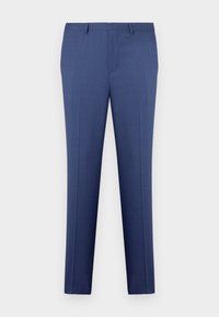 Μπλε κομμένα ανδρικά παντελόνια με ζώνες, μπροστινό φερμουάρ και λεπτομέρειες πτυχής, σε λευκό φόντο.