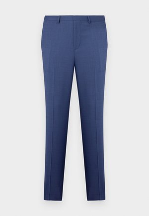 Sinised meesteri kohandatud ülikonna püksid, millel on vöökohad, eesmine lukku ja voldid, esitatud valge taustaga.