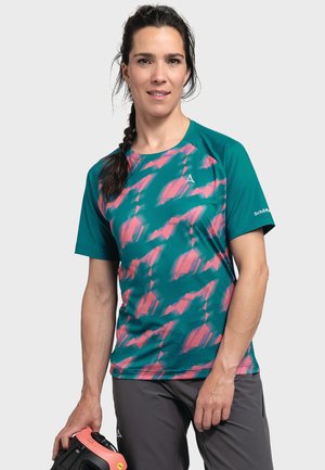 Short-sleeve teal shirt with a pink abstract pattern, made from breathable fabric, featuring a crew neckline and subtle branding.