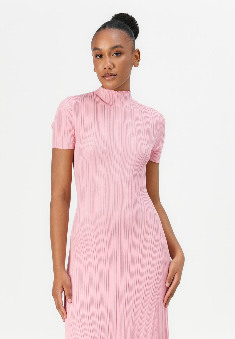 strapless open back dress LILY Hot Pink Mini Ribbed Zip Dress