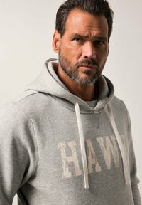 Felpa grigia in cotone con tasca frontale a marsupio, cappuccio regolabile con stringa e ampio stampa invecchiata con la scritta "HAWY" in beige chiaro.