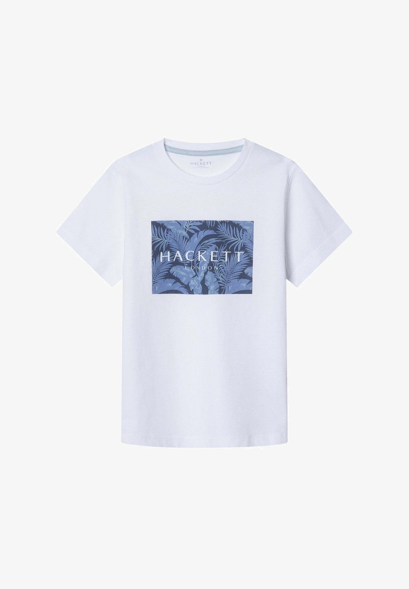 White cotton t-shirt featuring a blue tropical leaf graphic and "HACKETT LONDON" text centered within a rectangular design.
