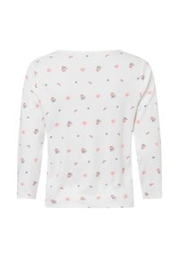 Long-sleeve top in soft white fabric, featuring a floral pattern in pink and blue. The neckline is wide, and the design is simple and casual.