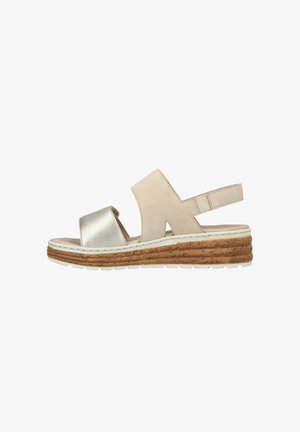Beige en zilveren leren wedge sandalen met kurkachtige zool. Voorzien van een kruisbandontwerp en een verstelbare hielband. Geverfde bovenkant.