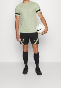 Hombre con camiseta Nike verde claro, pantalones cortos negros del Liverpool FC, calcetines negros de Nike, zapatos negros, sosteniendo un balón de fútbol Nike blanco a un lado.
