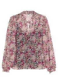 Blusa floral transparente con mangas largas. Patrón de flores en tonos rosa, negro y durazno sobre un fondo claro. Presenta un escote con lazo y puños fruncidos.