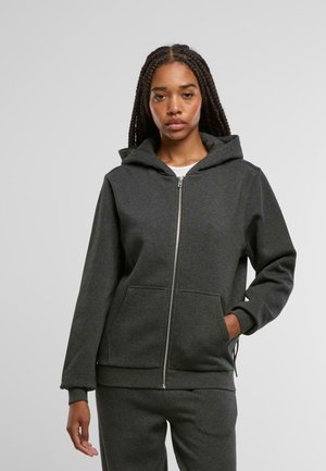 Lynlås hoodie i mørkegråt stof, med en rummelig hætte, forlommer og ribbede manchetter. Glat tekstur med minimale designdetaljer.