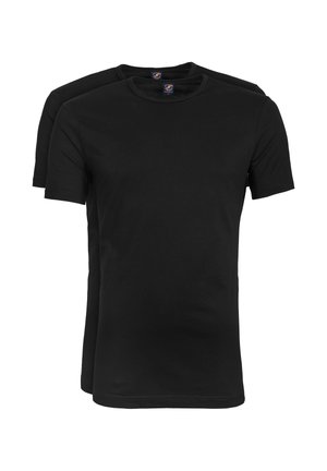 Zwarte katoenen T-shirts, ronde hals, korte mouwen, normale pasvorm, soepele textuur, twee gestapelde stuks, zonder zichtbare logo's of patronen.
