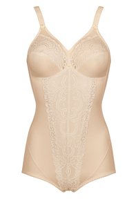 Body beige con dettagli in pizzo, coppe texturate, spalline regolabili e una finitura complessiva liscia. Presenta motivi floreali sulla parte anteriore.