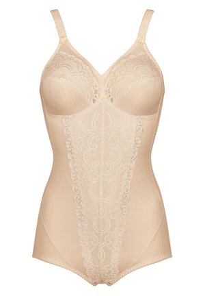 Body beige con dettagli in pizzo, coppe texturate, spalline regolabili e una finitura complessiva liscia. Presenta motivi floreali sulla parte anteriore.