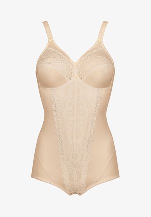 Body beige con dettagli in pizzo, coppe texturate, spalline regolabili e una finitura complessiva liscia. Presenta motivi floreali sulla parte anteriore.