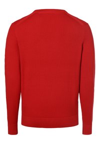 Roter Pullover mit einem strukturierten, gerippten Muster. Hat lange Ärmel und eine einfarbige Optik. Hergestellt aus einem weichen Strickstoff.
