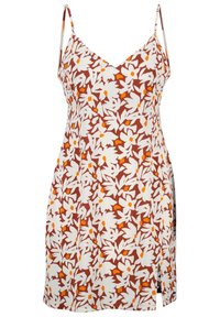 Sleeveless dress with thin straps, featuring a brown base with white and orange floral pattern and small side slit.