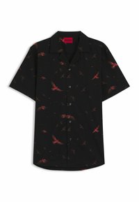 Korte mouw shirt van zwarte stof met een rood vogels patroon, knoopsluiting aan de voorkant en een klassieke kraag. Lichtgewicht met een relaxte pasvorm.