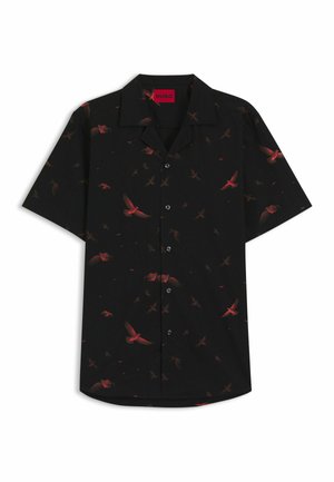 Short-sleeve shirt in black fabric featuring a red bird pattern, button-front design, and a classic collar. Lightweight with a relaxed cut.