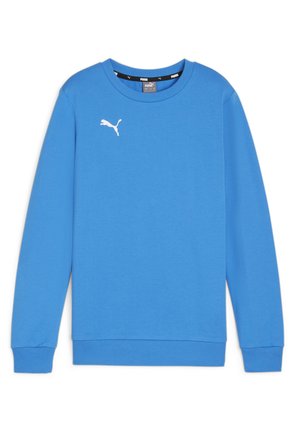 Felpa blu in cotone con maniche lunghe, polsini e orlo a costine. Presenta un logo Puma bianco sul petto, colletto rotondo e una texture morbida.