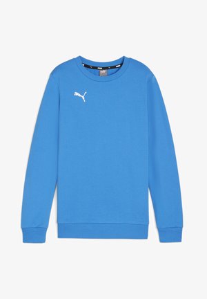 Blaues Baumwoll-Sweatshirt mit langen Ärmeln, gerippten Bündchen und Saum. Mit einem weißen Puma-Logo auf der Brust, Rundhalsausschnitt und weicher Textur.