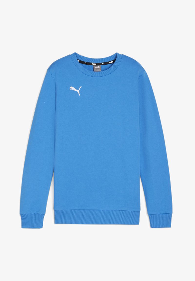 Felpa blu in cotone con maniche lunghe, polsini e orlo a costine. Presenta un logo Puma bianco sul petto, colletto rotondo e una texture morbida.