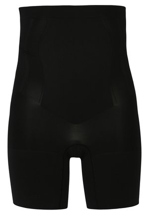 High-waisted black shapewear shorts made of smooth, stretchy material with a snug fit, featuring a reinforced waistband and seamless design.