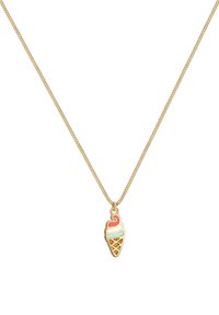 Guld-tone halskæde med en vedhæng formet som et smeltende isvaffel, med pastelfarver i pink, hvid og brun samt en tekstureret design.