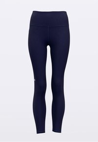 Tmavomodré legíny z pružného materiálu s vysokým pásom a bez výrazných vzorov. Jemné logo na dolnej časti nohy.