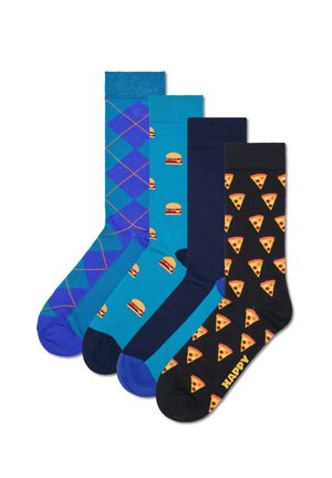 Vier Paar Socken: blaue Argyle, türkis mit Burgern, marineblau und schwarz mit Pizzastücken. Baumwollmischung, verschiedene Muster.