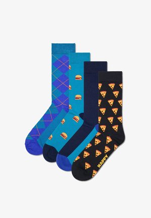 Vier Paar Socken: blaue Argyle, türkis mit Burgern, marineblau und schwarz mit Pizzastücken. Baumwollmischung, verschiedene Muster.