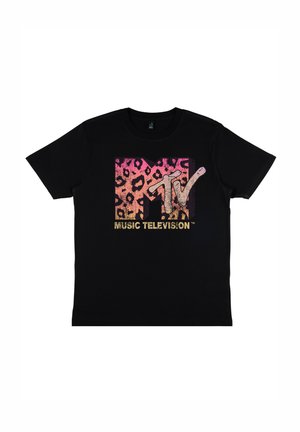 Schwarzes Baumwoll-T-Shirt mit einem mehrfarbigen Leo-Druck MTV-Logo und dem Text "MUSIC TELEVISION" in Gold, mit kurzen Ärmeln und Rundhalsausschnitt.