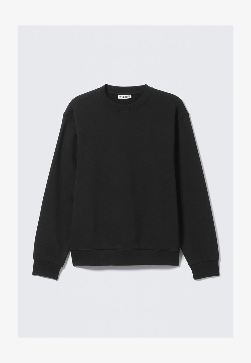 Schwarzer Pullover aus weichem Stoff, mit Rundhalsausschnitt, langen Ärmeln, gerippten Bündchen und Saum, minimalistischem Design und ohne Muster.