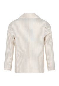 Giacca a righe color crema con colletto a intaglio, maniche lunghe e due tasche frontali. Tessuto leggero con righe verticali blu.