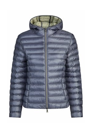 Men’s puffer jacket with horizontal quilting, zipper front, attached hood, and contrasting light green inner lining.