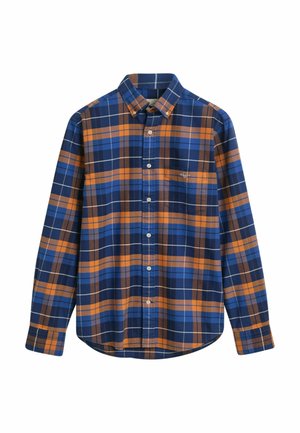 Blue and orange plaid button-up shirt, made of woven fabric, features a collar, long sleeves, front pocket, and white button closures.